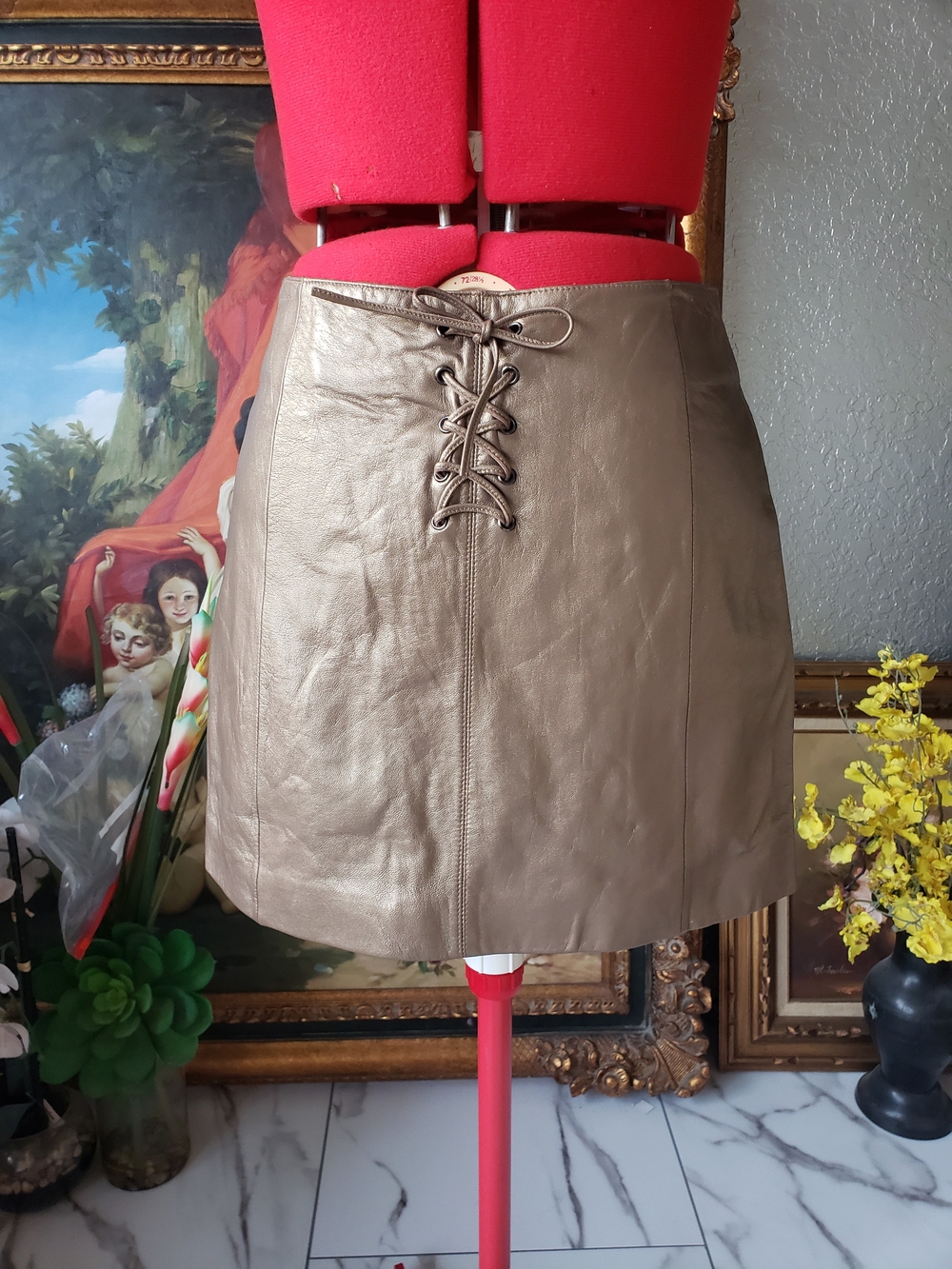 Wilson Metallic Taupe Front Lace-Up Mini Skirt